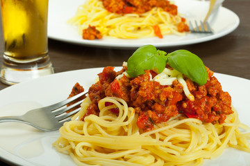 Spaghetti pasta with tomato beef sauce