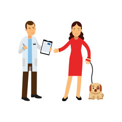 Brunette woman at the veterinary doctor with her pet dog colorful cartoon vector Illustration
