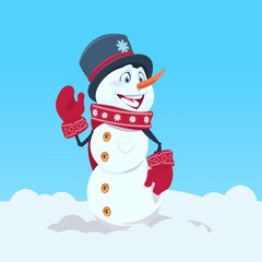 Cute Snowman Wearing Hat And Scarf Happy Smiling Over Blue Snow Background Flat Vector Illustration