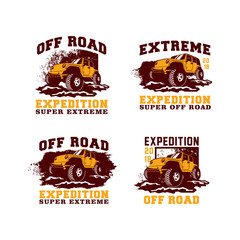 Set of Colored  Off Road Car 4x4 Vehicle Logo Badge Template with Old Style Retro Vintage. 
