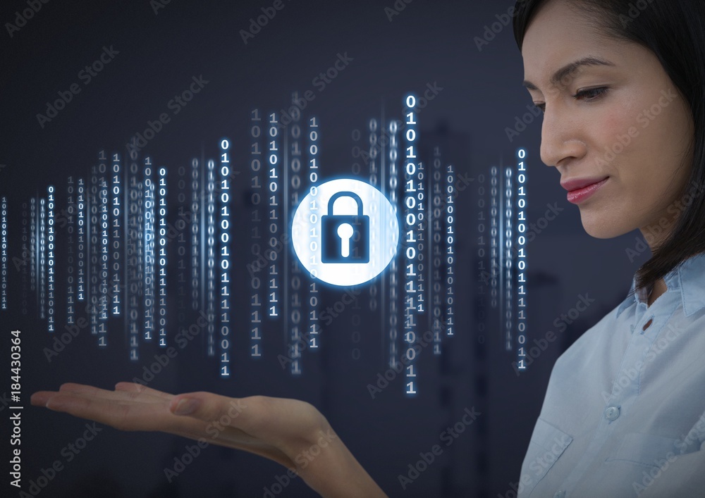 Poster Businesswoman with hands palm open and security lock icon with