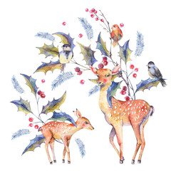 Watercolor Christmas greeting card with holly berries and deer