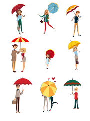 People under umbrella set, kids, men and women walking with colorful umbrellas, rainy weather concept cartoon vector Illustration