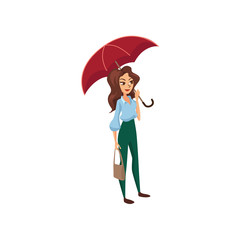 Beautiful girl with red umbrella, rainy weather concept cartoon vector Illustration