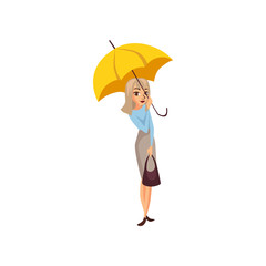 Beautiful blonde girl under yellow umbrella, rainy weather concept cartoon vector Illustration