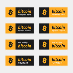 Naklejka premium Bitcoin accepted payment button. World crypto currency BTC icon flat design template with text 'bitcoin accepted here' and 'we accept bitcoin'. banner, sign, badge, emblem, sticker, label.