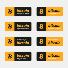Bitcoin accepted payment button. World crypto currency BTC icon flat design template with text 'bitcoin accepted here' and 'we accept bitcoin'. banner, sign, badge, emblem, sticker, label.