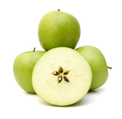 Green apples and apple slices isolated on white background