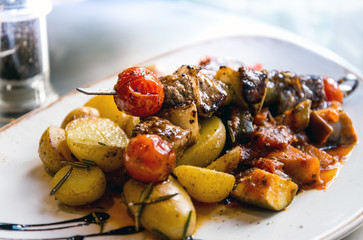 tasty beef steak kabobs with vegetables