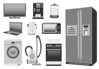 Set of colored home appliances kitchen stove, refrigerator, microwave, washing machine, vacuum cleaner, electric kettle, steamer, coffee machine, TV, laptop