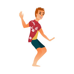 Fototapeta na wymiar vector cartoon young adult man dancing at beach party in summer clothing, in shorts and shirt with flowers print. Isolated illustration on a white background.