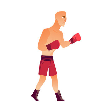 Young, bald Caucasian male boxer in boxing gloves, shirtless, ready to fight, flat vector illustration isolated on white background. Side view, flat style portrait of young Caucasian boxer fighting