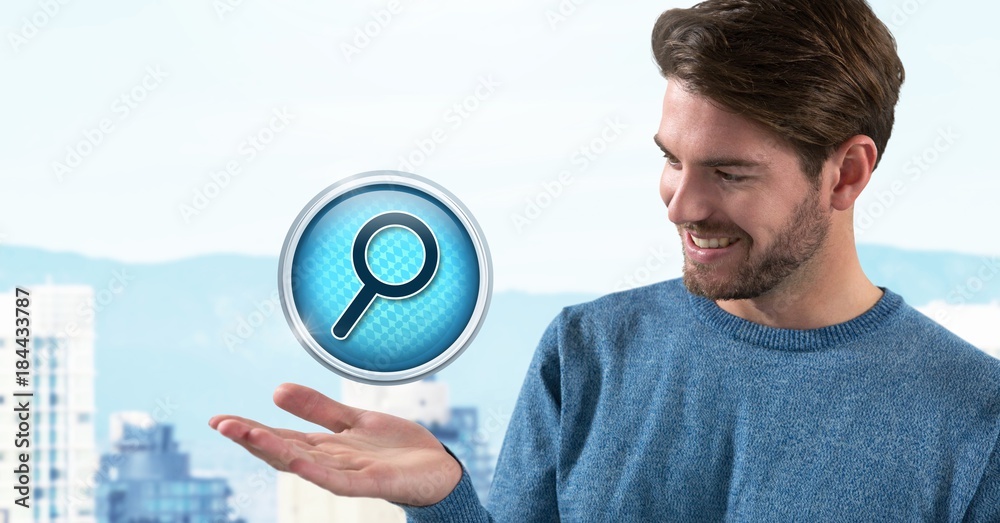 Sticker Magnifying glass search icon and Businessman with hand palm open