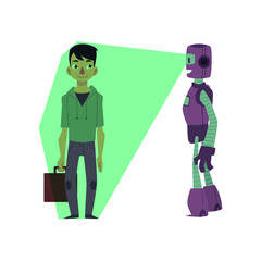 vector flat futuristic robots people interaction scenes set. Robot assistant scanning young man with case by x-ray vision. Isolated illustration on a white background.