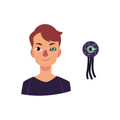 vector cartoon bionic futuristic mechanical prosthesis concept icon. Young man character with iron robotic eye. Isolated illustration on a white background.