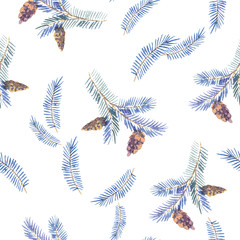 Watercolor winter seamless pattern with spruce branches