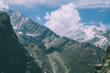 beautiful mountain landscape with majestic snow capped peaks in Indian Himalayas, Rohtang Pass