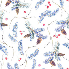 Fototapeta na wymiar Watercolor seamless pattern with spruce branches