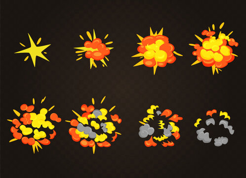 Top view of smooth vector explosion effect, bomb boom. Cartoon explosion animation game frames.