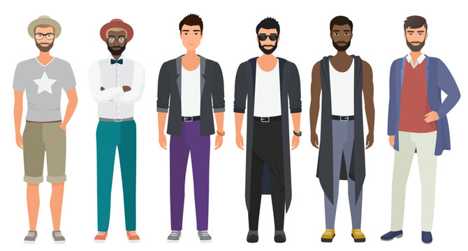 Stylish handsome men dressed in modern casual fashion male style clothes, vector illustration. Cartoon flat vector illustration.