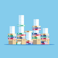 Large pile of cardboard boxes with folders and documents. A huge stack of papers and file folders. Paper work vector flat illustration.