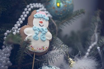 A gingerbread on fir tree branches