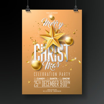 Vector Merry Christmas Party Flyer Illustration with Holiday Typography Elements and Gold Ornamental Ball, Cutout Paper Star on Light Brown Background. Celebration Poster Design.