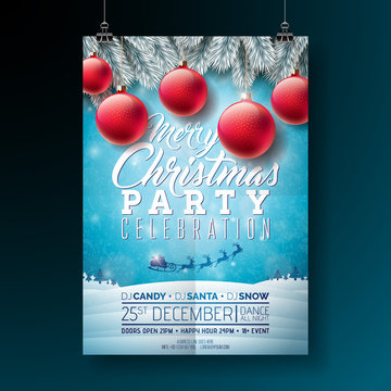 Vector Merry Christmas Party Flyer Illustration with Typography and Holiday Elements on Blue background. Winter Landscape Invitation Poster Template.