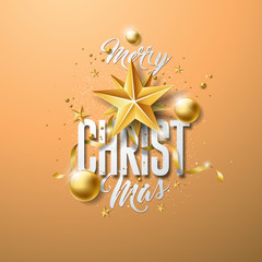 Vector Merry Christmas Illustration with Gold Glass Ball, Cutout Paper Star and Typography Elements on Light Brown Background. Holiday Design for Premium Greeting Card, Party Invitation or Promo