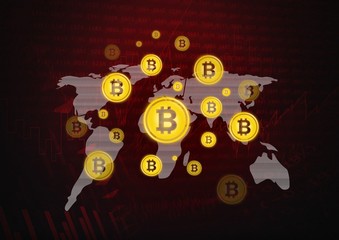 Bitcoin icons on world map with red background