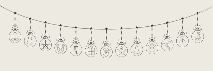 Hanging Christmas ornaments - panoramic banner. Vector.