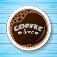 Coffee on wooden table - top view. Vector.