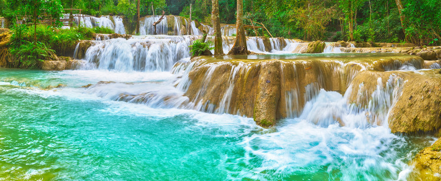 Fototapeta Tat Sae Waterfalls. Beautiful landscape, Laos. Panorama