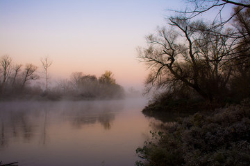 Fototapeta premium Frozen morning at Morava river in winter, Slovakia, Europe