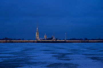 Winter dawn in St. Petersburg. View of the Peter and Paul fortress