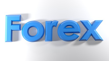 Forex: the currencies stock market, written with blue 3D letters, laying on a white surface - 3D rendering