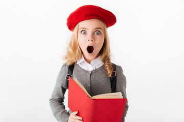 Portrait of a shocked little schoolgirl dressed in uniform