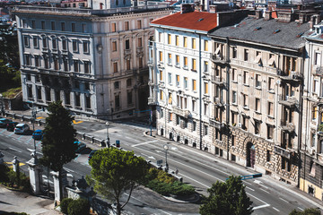Panorama of the road and the facades of the houses
