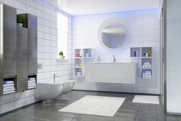 Modernes Badezimmer in weiß und schwarz mir Dusche, Hängeschränke, WC, Bidet und einem großen runden Spiegel