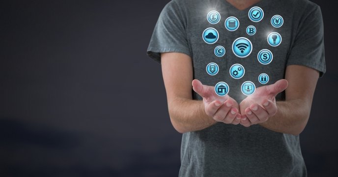 hands palm open with various business icons