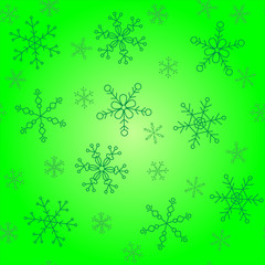 Snowflakes of different styles, background of shades of green, pattern