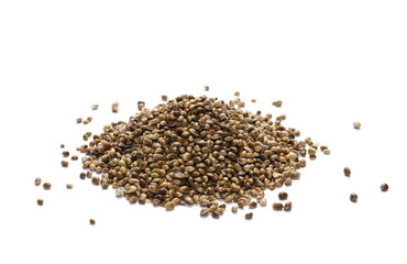 Pile hemp seeds isolated on white background