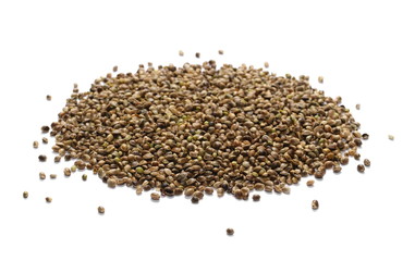 Pile hemp seeds isolated on white background