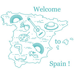 Vector illustration with various symbols of Spain arranged in a circle. Travel and leisure.