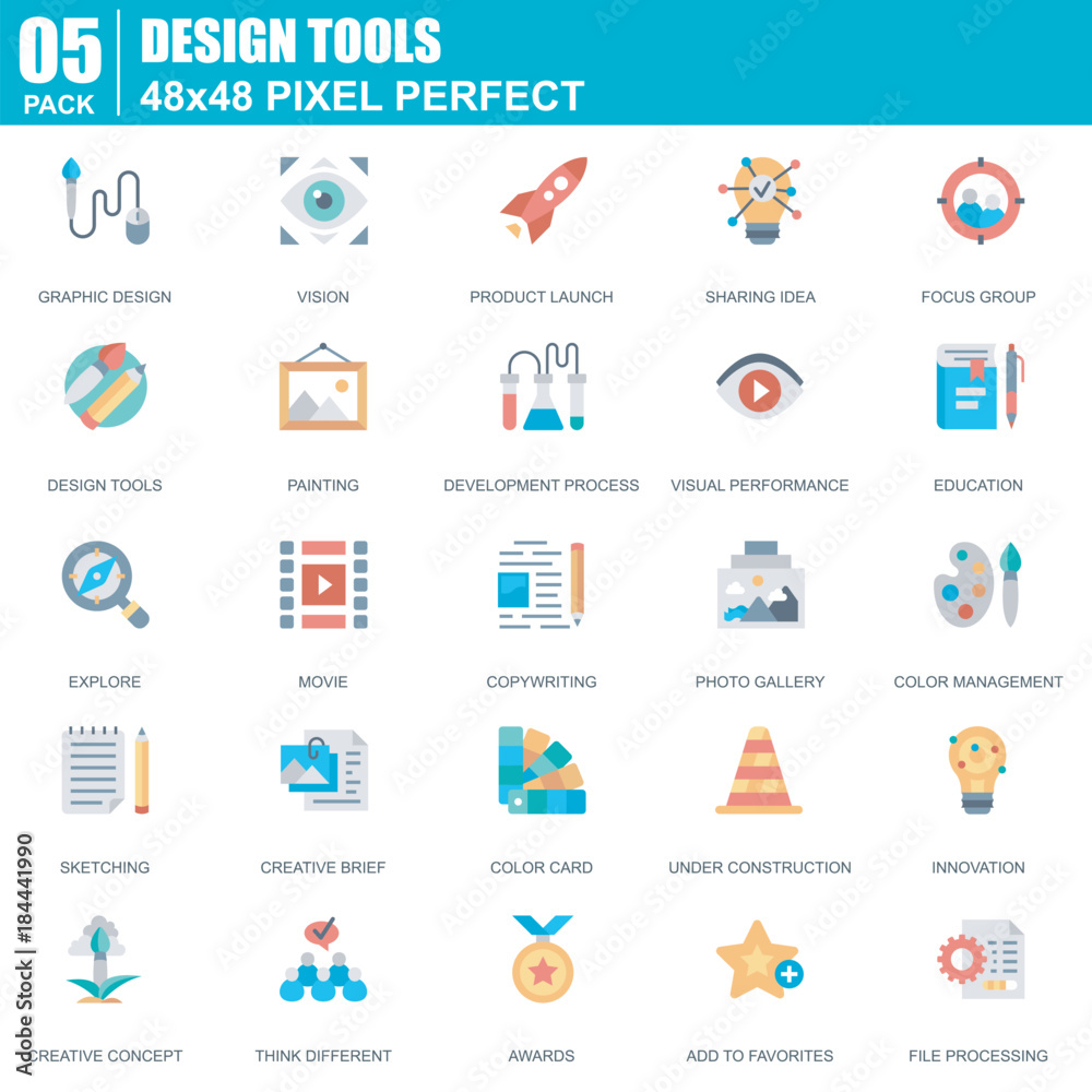 Aufkleber flat design tools, art and media icons set for website and mobile site and apps. contains such icons