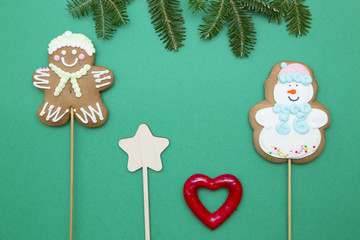 Green one-color Christmas or New Year background with minimalistic design