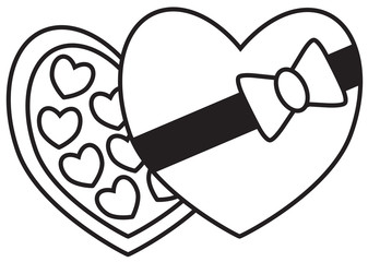 Chocolate box and chocolates, truffles or bonbons with heart shape for Valentine or Valentines Day. Concept for love, passion, valentine, Valentines day isolated on white background.