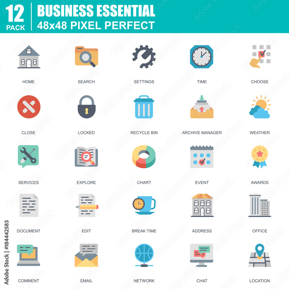 Aufkleber Flat business essential, communication and office icons set for website and mobile site apps. Contains such Icons as Chart, Awards. 48x48 Pixel Perfect. Editable Stroke. Vector illustration.