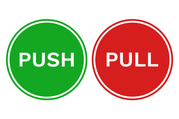PULL PUSH door signs in green and red circles. Vector icons.