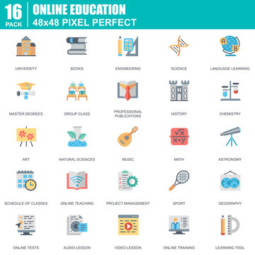 Flat online education, e-learning, e-book icons set for website and mobile site and apps. Contains such Icons as University, School. 48x48 Pixel Perfect. Editable Stroke. Vector illustration.